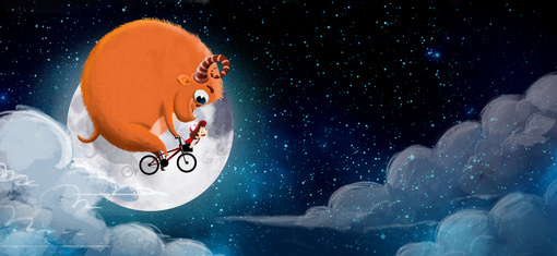 Niño y monstruo en una bicicleta volando por el cielo. Es de noche, el cielo esta estrellado y hay nubes